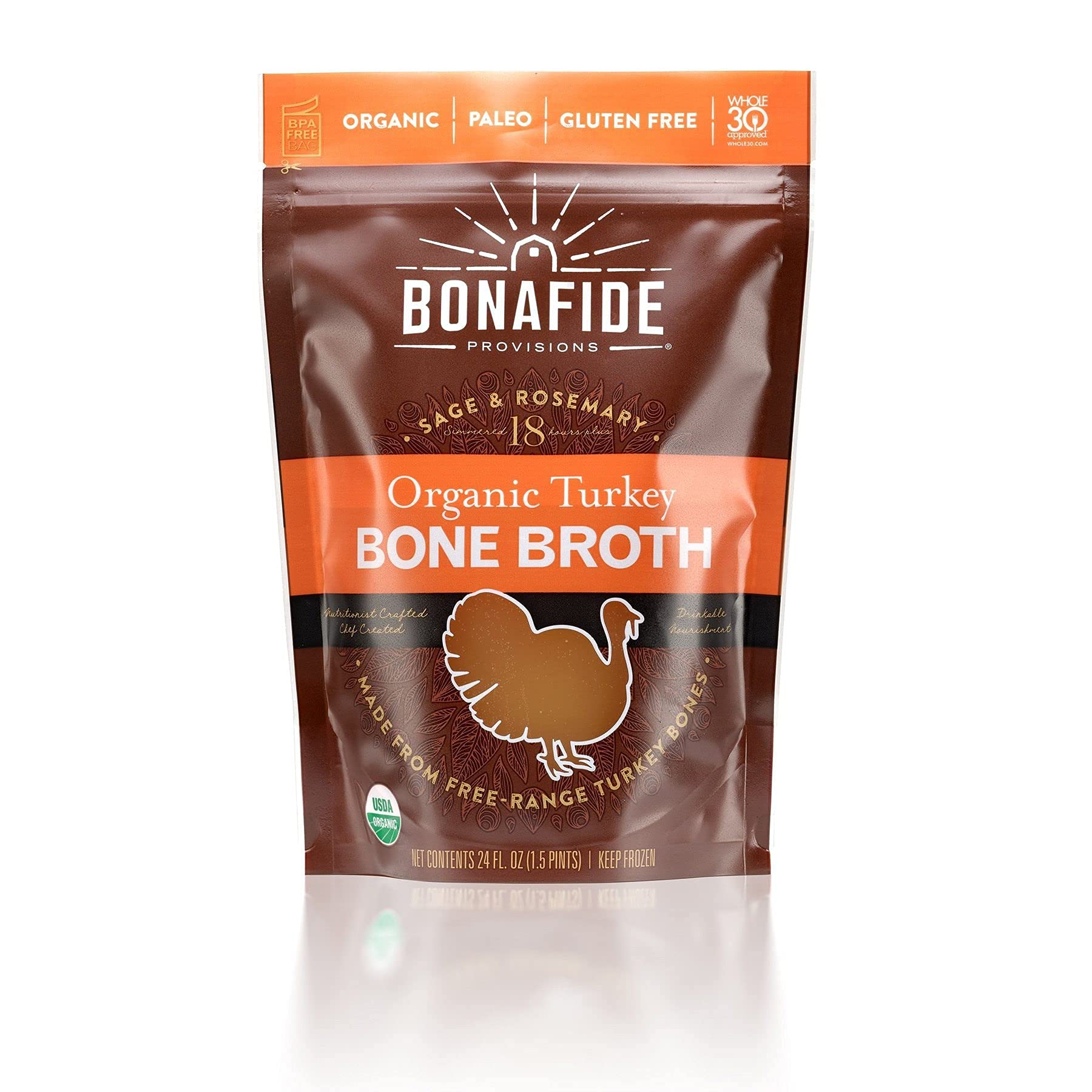 Bonafide Provisions Fresh Organic Turkey Bone Broth, Frozen 24 fl oz - Gluten-Free, Paleo, Keto and Whole 30 Approved. For Sippi