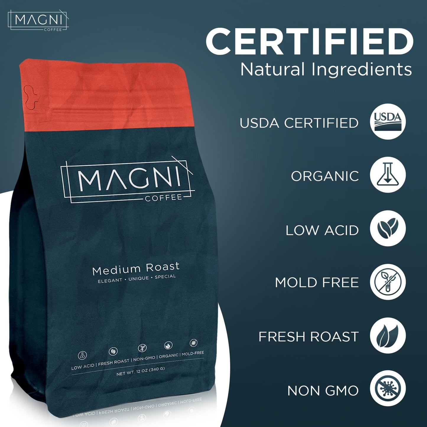 Magni Coffee - Whole Beans - Medium Roast - Low Acid - Single Origin Usda Organic Non-Gmo Beans Third Party Tested For Mycotoxins & Pesticides - Fair Trade -12 Oz