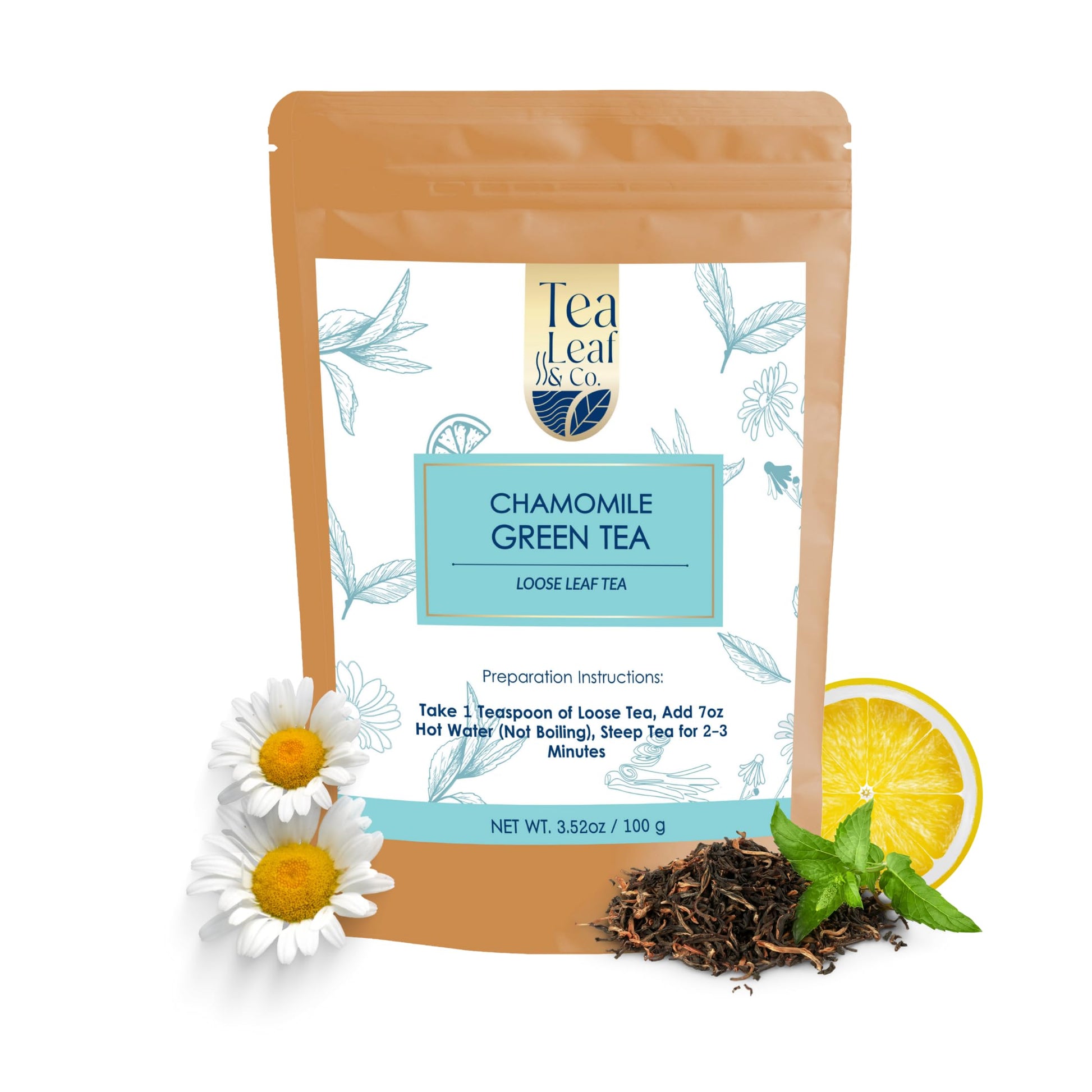 Tea Leaf & Co. Chamomile Green Tea Loose Leaf with Lemon Extract - 3.52oz - Low Caffeine - Gluten Free - Up to 50 Servings