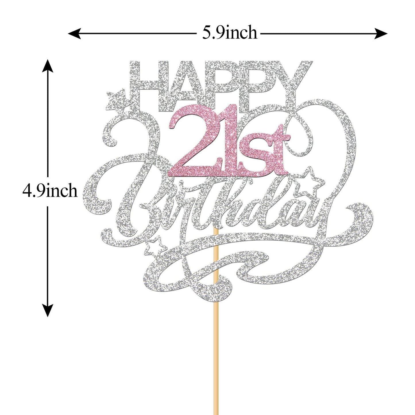 Monmon & Craft Happy 21St Birthday Cake Topper/Cheers To 21 Years/Girls 21St Birthday Party Decor Supplies - Silver & Pink Glitt