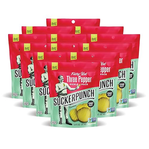 Suckerpunch | Fiery Heat 3-Pepper Chip-Cut | Pickle Pouch Snack Pack | 3.4Oz Single-Serve (12 Units)