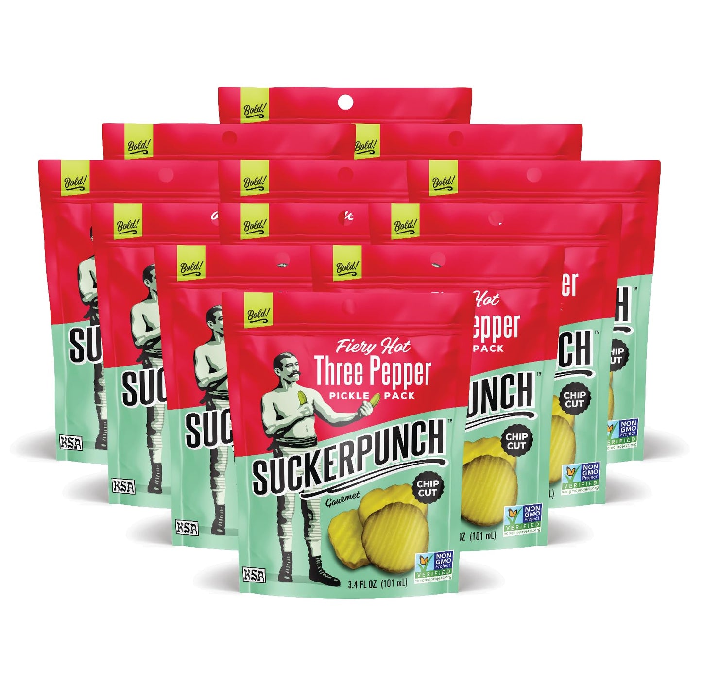Suckerpunch | Fiery Heat 3-Pepper Chip-Cut | Pickle Pouch Snack Pack | 3.4Oz Single-Serve (12 Units)
