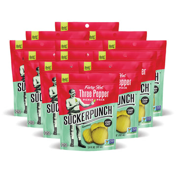 Suckerpunch | Fiery Heat 3-Pepper Chip-Cut | Pickle Pouch Snack Pack | 3.4Oz Single-Serve (12 Units)
