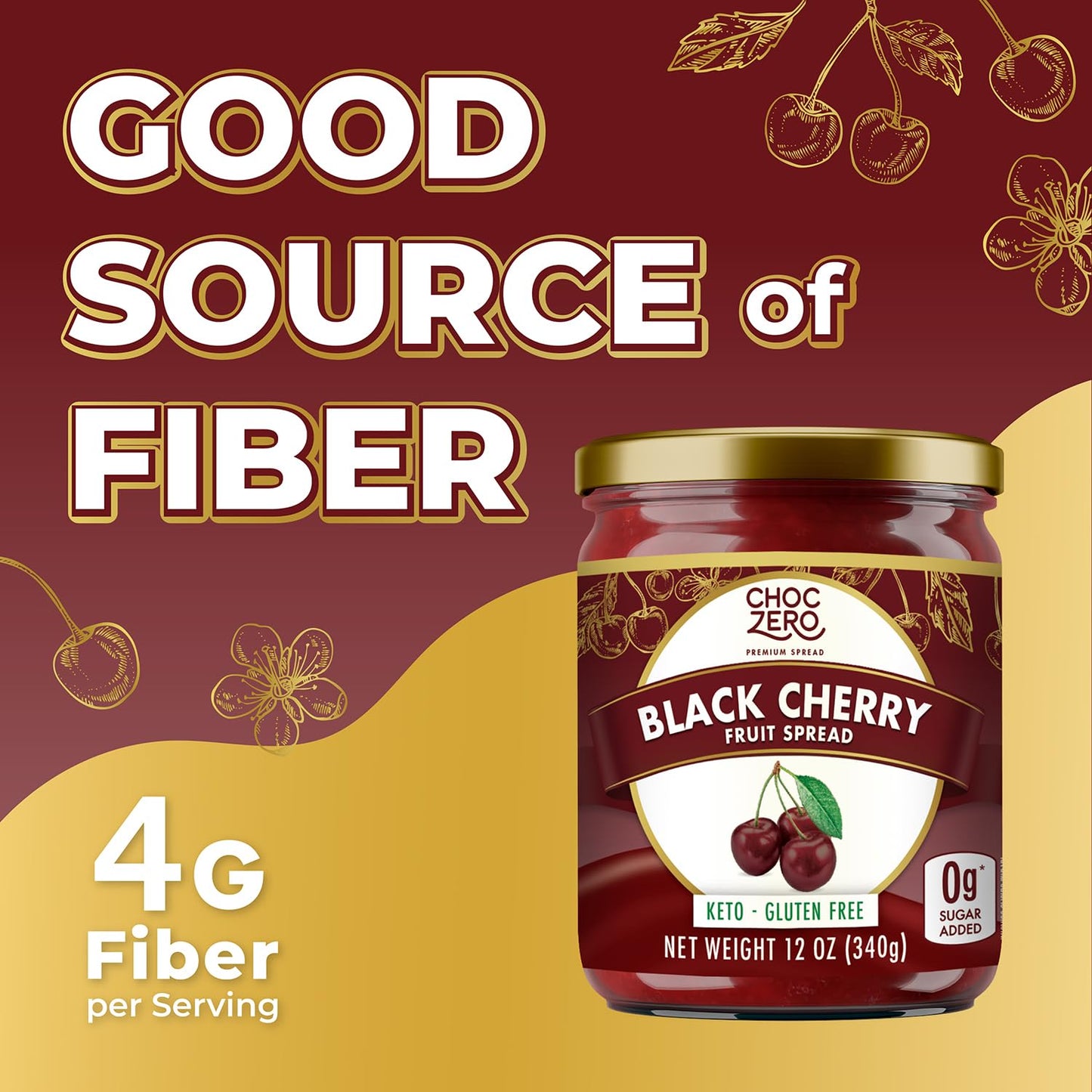 Choczero Keto Black Cherry Jam - No Sugar Added, Low Carb, Keto Friendly, High In Fiber, Gluten Free, Naturally Sweetened With M