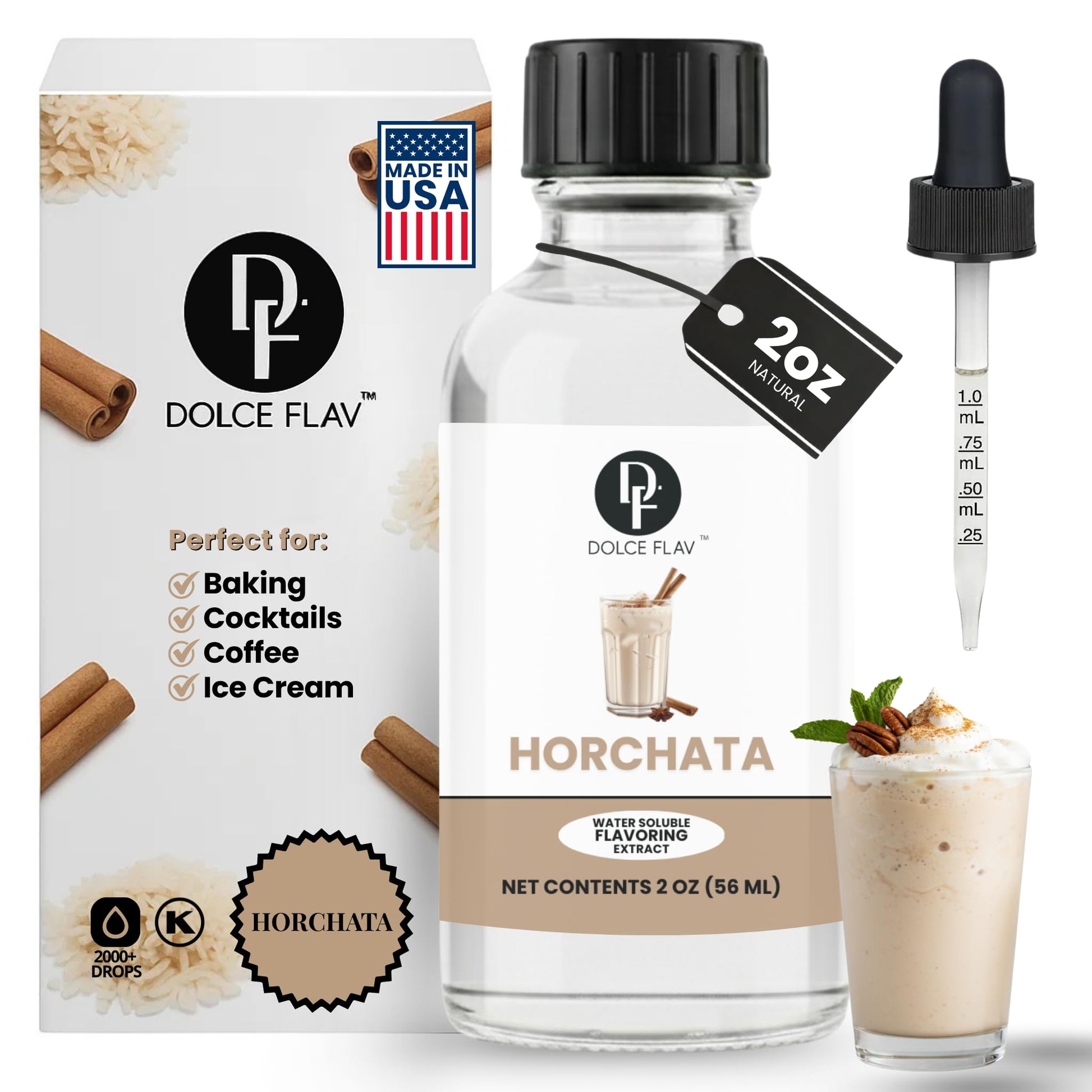 Dolce Flav Natural Horchata Extract  Water Soluble - 2 Oz | Authentic Cinnamon Rice Flavoring For Baking  Desserts  Beverages & Syrups - Sugar Free  Kosher  Allergen Free
