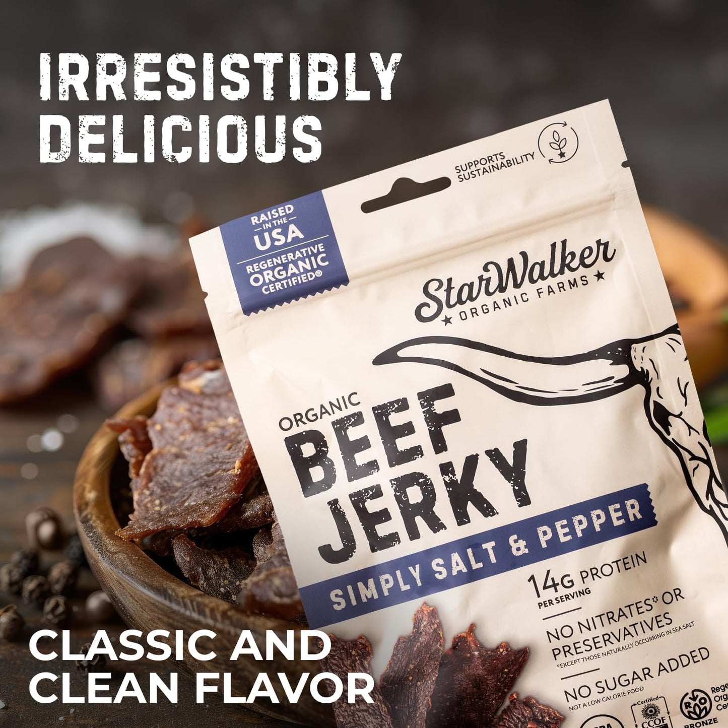 StarWalker Organic Farms Simply Salt and Pepper Beef Jerky - Organic, Regenerative Organic Certified, 42g Protein, No Nitrates,