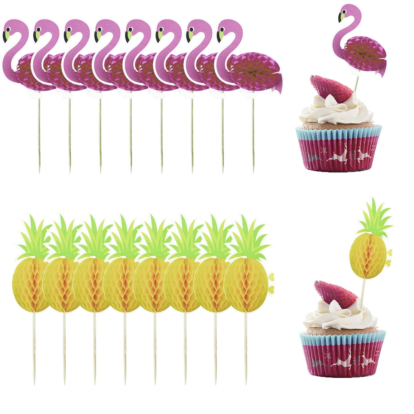 60 Pieces Tropical Cupcake Toppers,3D Flamingo And Pineapple Cupcake Toppers,Hawaiian Themed Cake Toppers Picks For Birthday Par