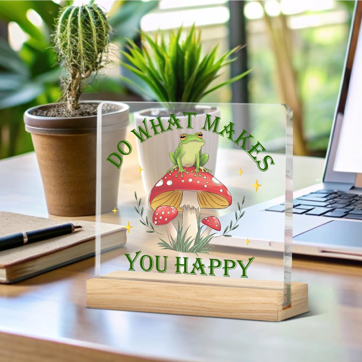 Funny Frog Mushroom Gifts For Women Men, Cute Cottagecore Desk Decor Fun Forest Decoration, Do What Makes You Happy Desk Sign Ac
