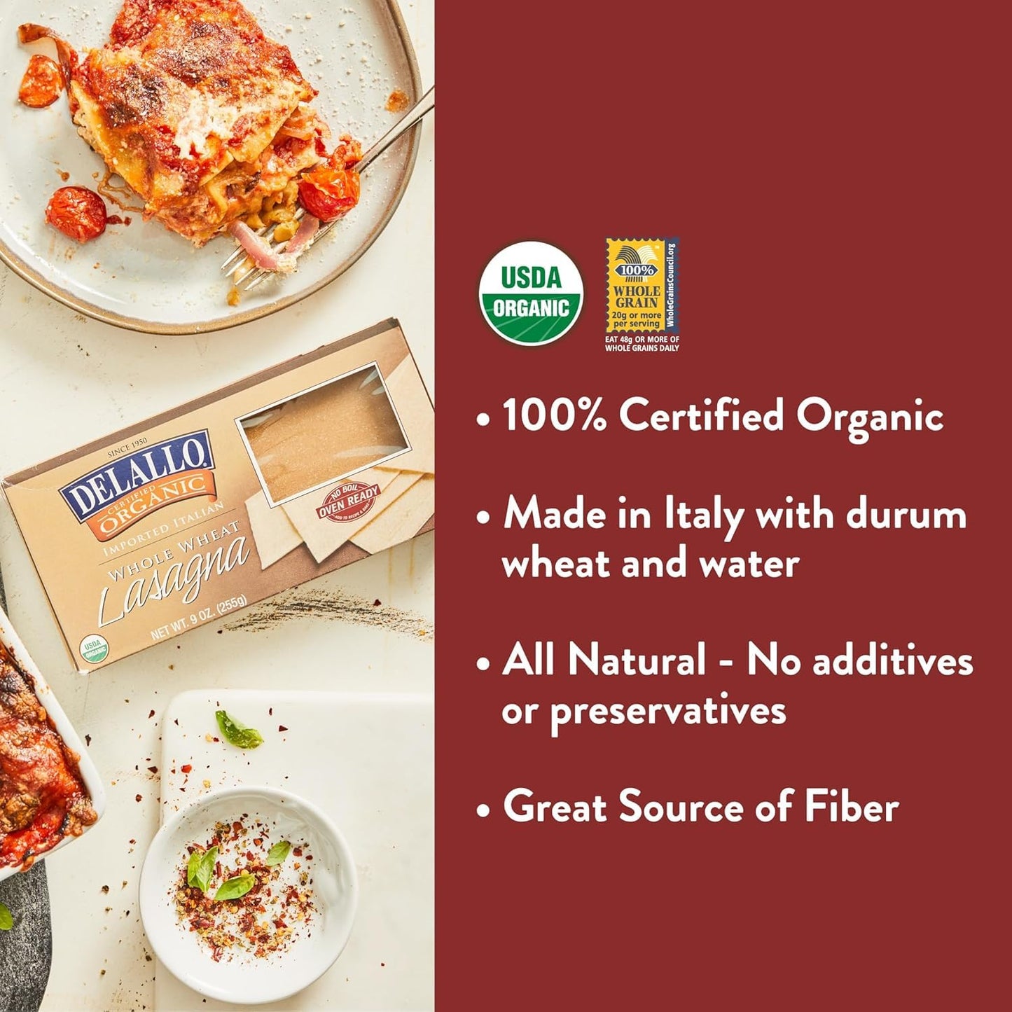 DeLallo Whole Wheat Lasagna Noodles, Oven-Ready, 9 oz, Pack of 6, Made in Italy