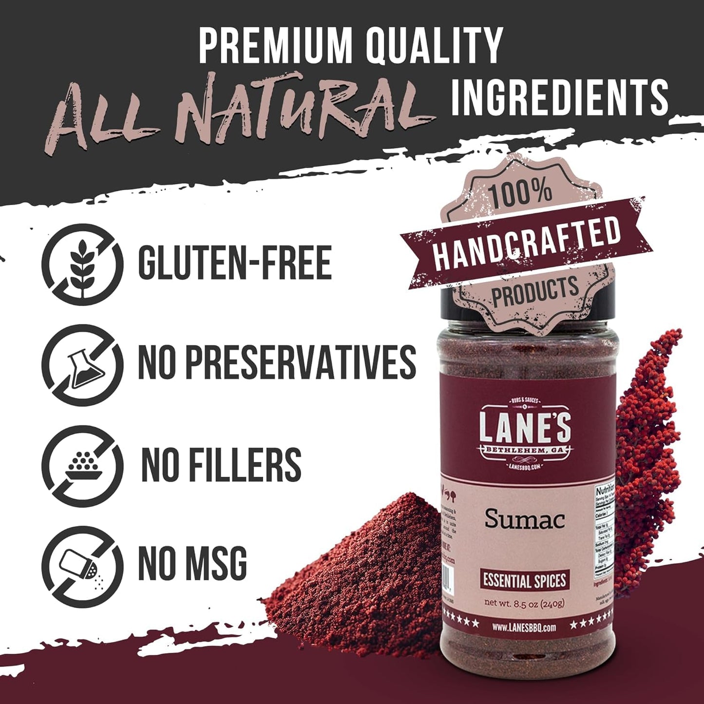 Lane'S Sumac Seasoning, All Natural Sumac Spice Powder For Eggplant, Chickpeas & Lentils, Sumac Powder Mediterranean Seasoning,