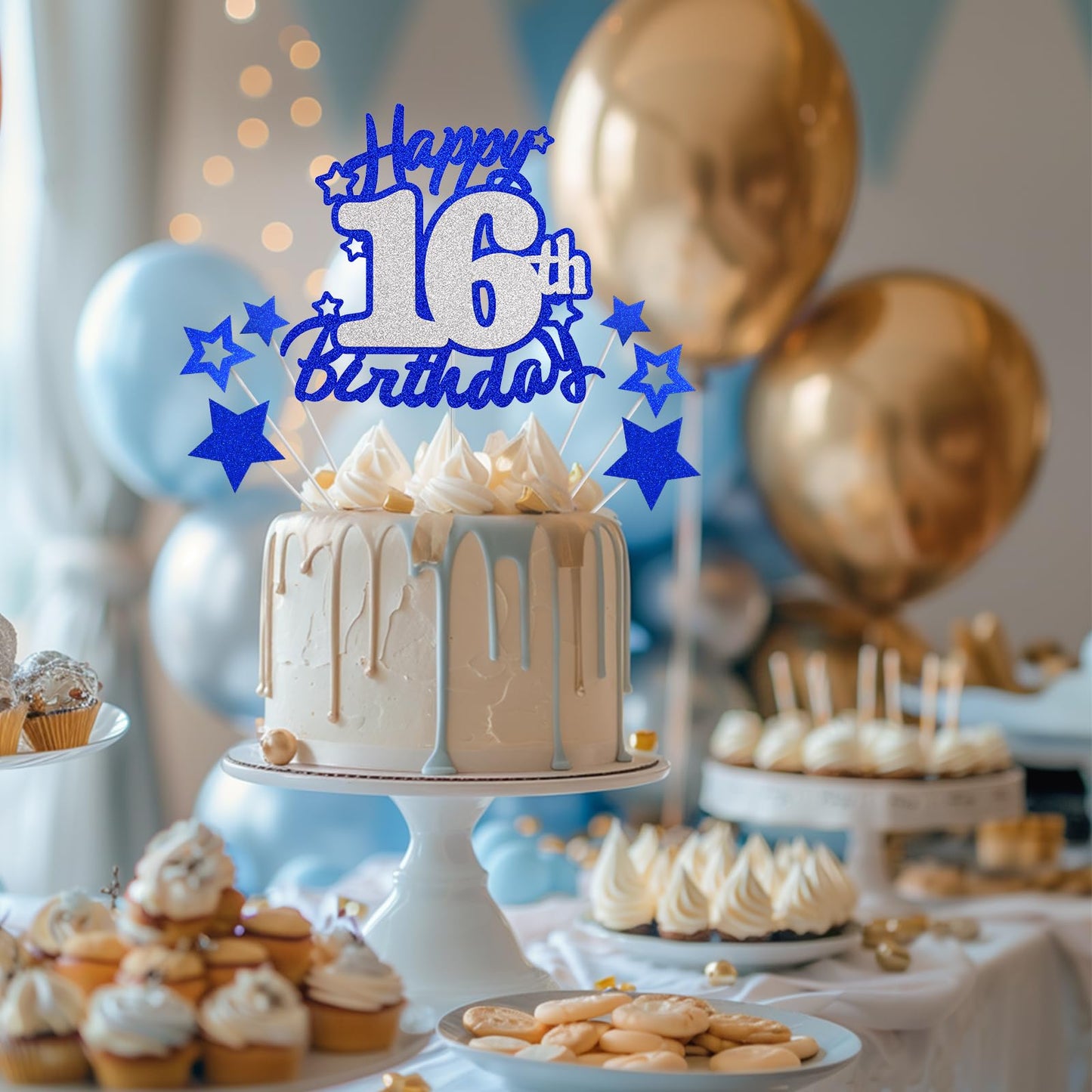Happy 16Th Birthday Cake Topper, Blue And Silver Glitter Cake Toppers, 16 Year Birthday Party Cake Decoration