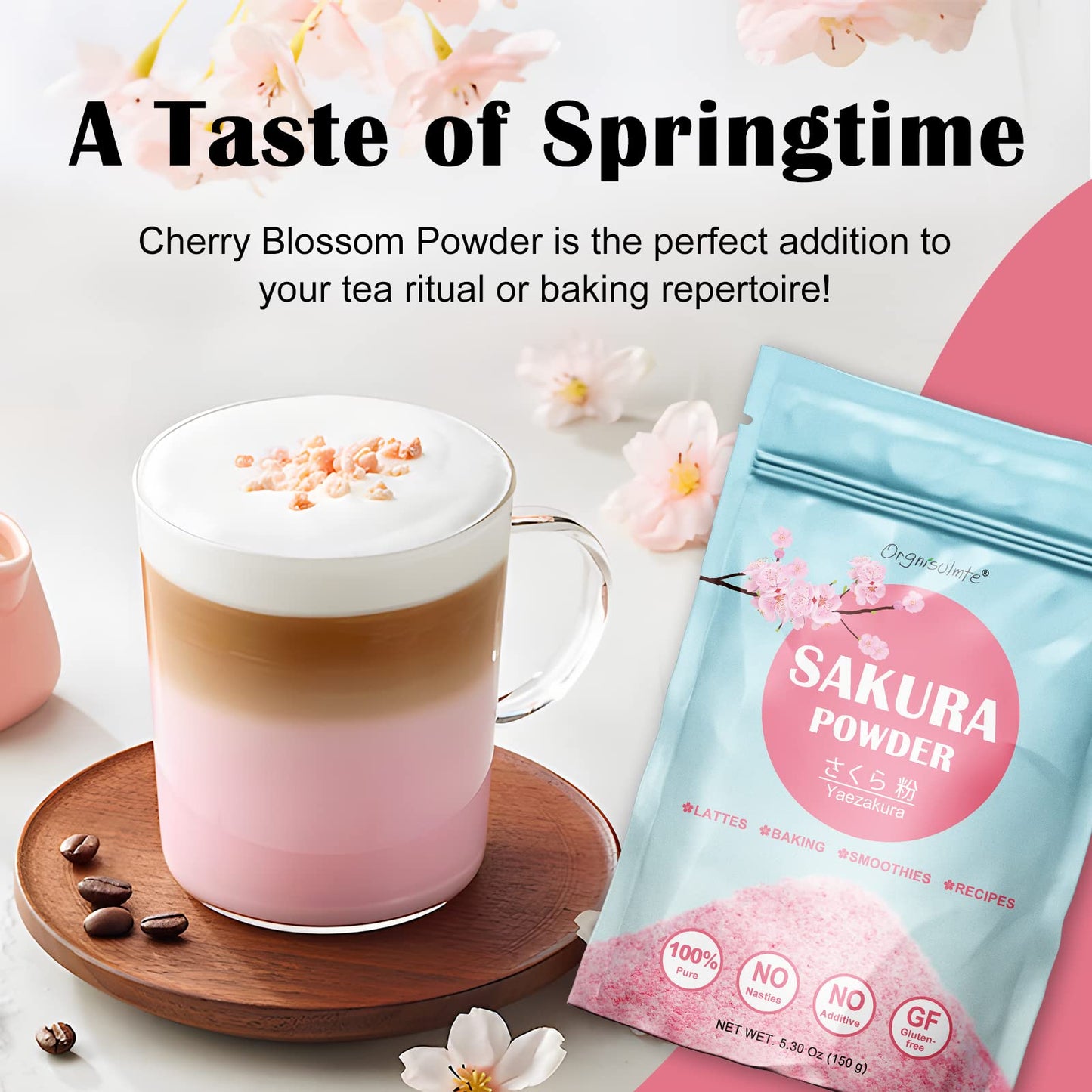 Orgnisulmte Sakura Powder 100% Japanese Cherry Blossom, Sakura Latte Gluten-Free, Keto Friendly, Made In Japan 5.3 Oz (150G)