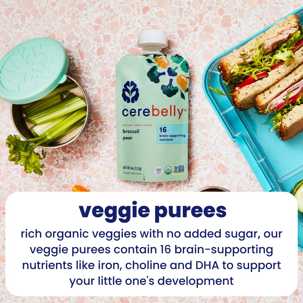 Cerebelly Organic Baby Food Pouches, Broccoli Pear Purees, 16 Nutrients, No Added Sugar, Fiber & Non-Gmo, 4Oz, 6 Pack