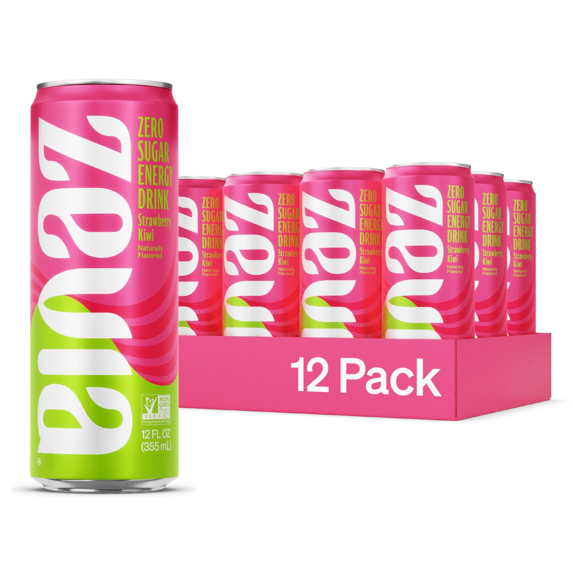 Zevia Zero Sugar Energy Drink, Strawberry Kiwi, 12 oz Cans, 12-Pack, Non-GMO, Gluten-Free, Vegan
