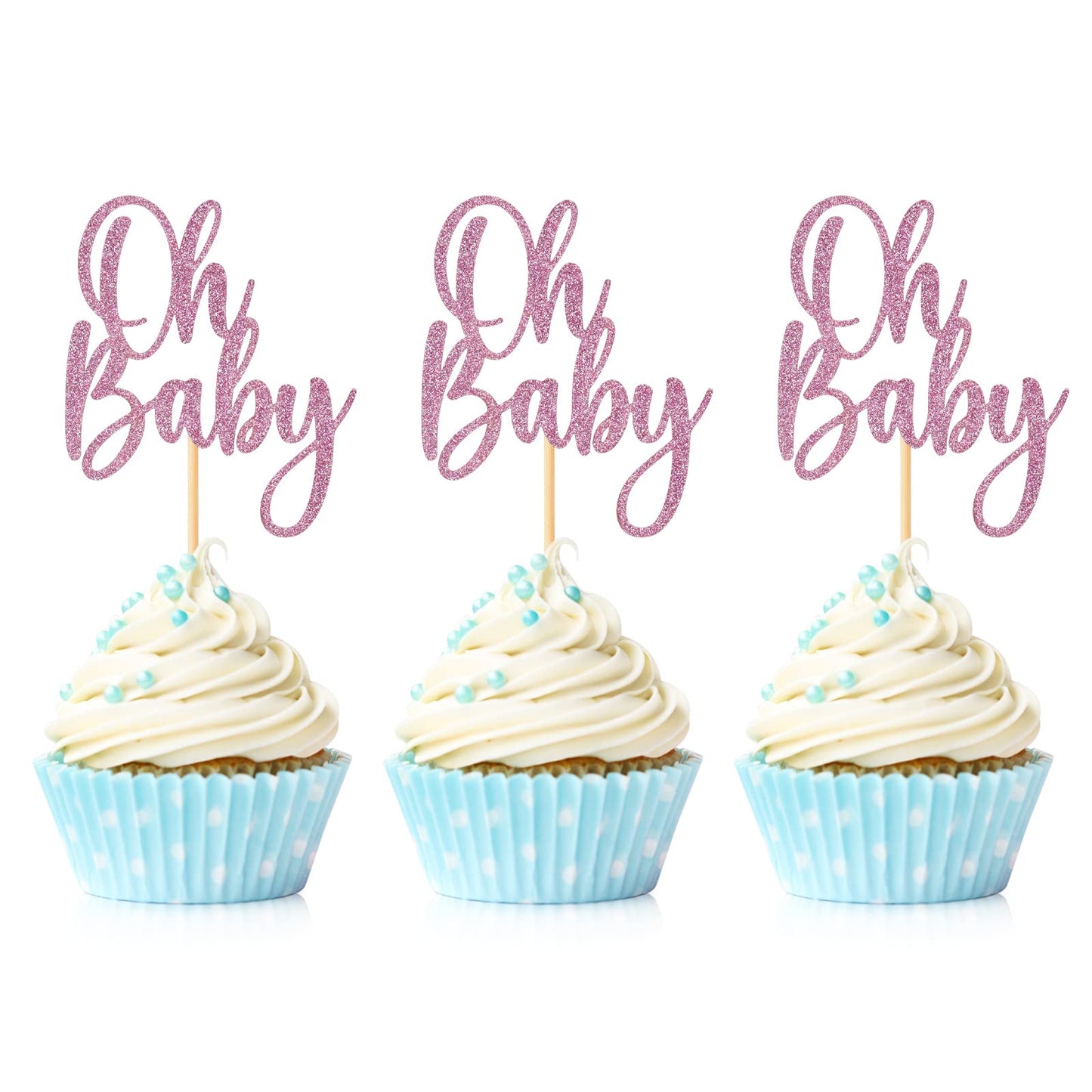 24 Pieces Oh Baby Cupcake Topper Pink Glitter Baby Shower Cake Decorations Boys Girls Birthday Party Supplies