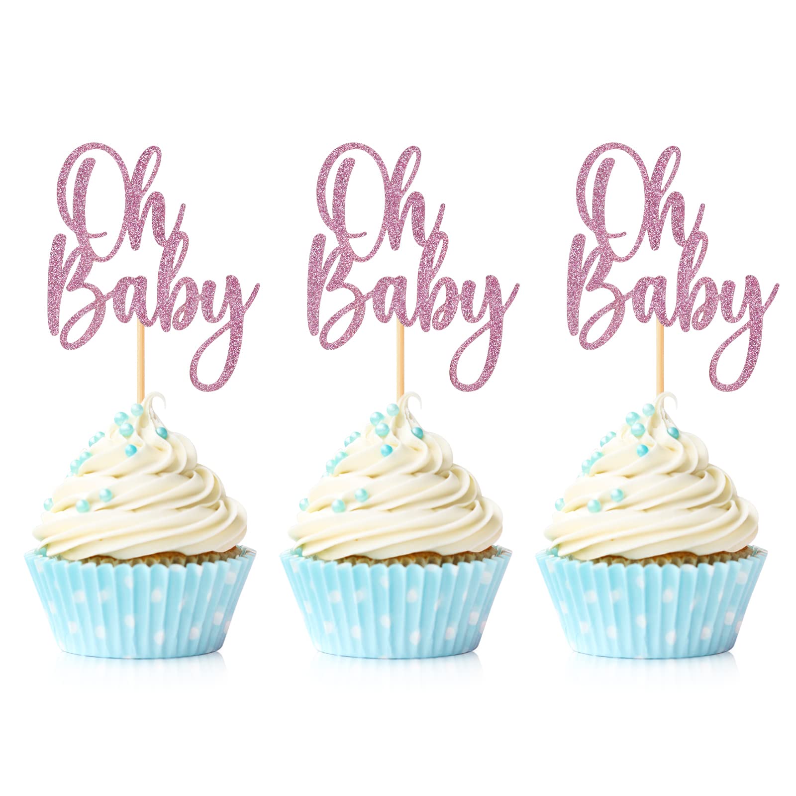 24 Pieces Oh Baby Cupcake Topper Pink Glitter Baby Shower Cake Decorations Boys Girls Birthday Party Supplies