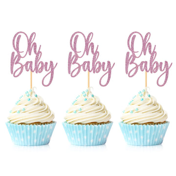 24 Pieces Oh Baby Cupcake Topper Pink Glitter Baby Shower Cake Decorations Boys Girls Birthday Party Supplies