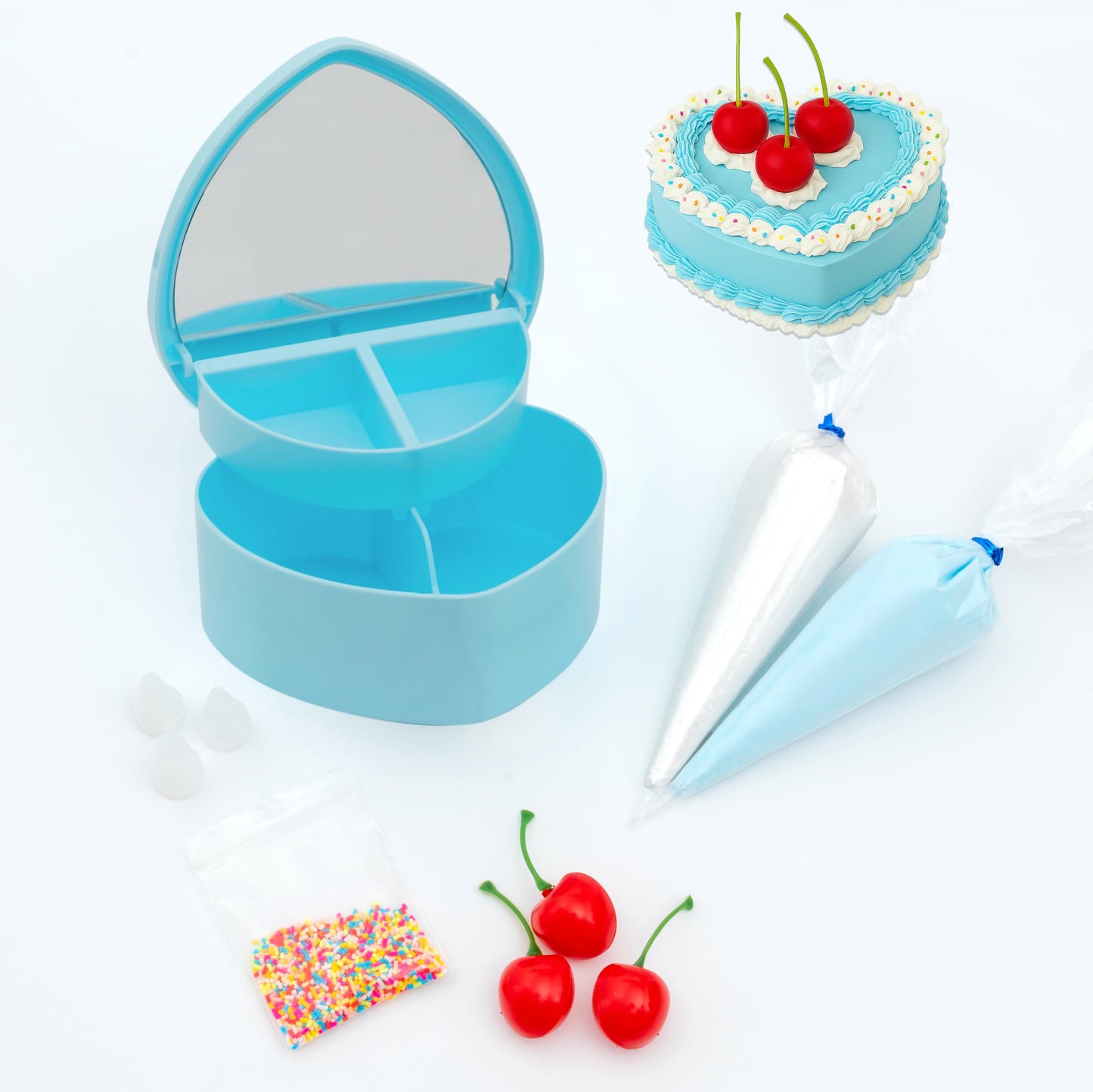Decoden Inspired Design Cake Kit  Decorate A Heart Shaped Inspired Design Cake Jewelry Box Cream  Inspired Design Whipped Cream Glue  Cherries  Sprinkles & Craft Supplies  Inspired Design Cake Decor (Blue)