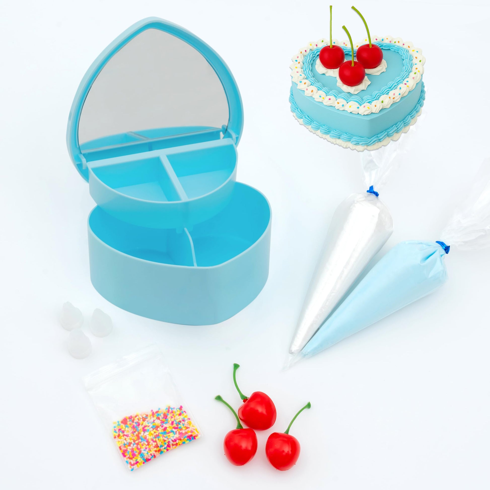 Decoden Inspired Design Cake Kit  Decorate A Heart Shaped Inspired Design Cake Jewelry Box Cream  Inspired Design Whipped Cream Glue  Cherries  Sprinkles & Craft Supplies  Inspired Design Cake Decor (Blue)