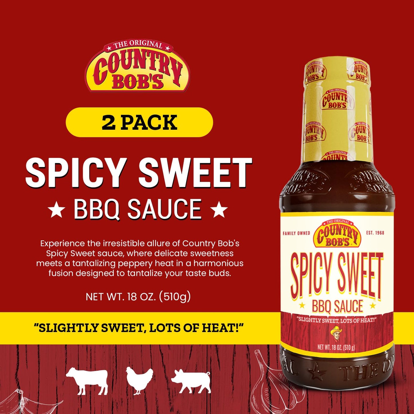Country Bobs Spicy Sweet BBQ Sauce, Slightly Sweet with Bold Heat, 18 oz (Pack of 2)