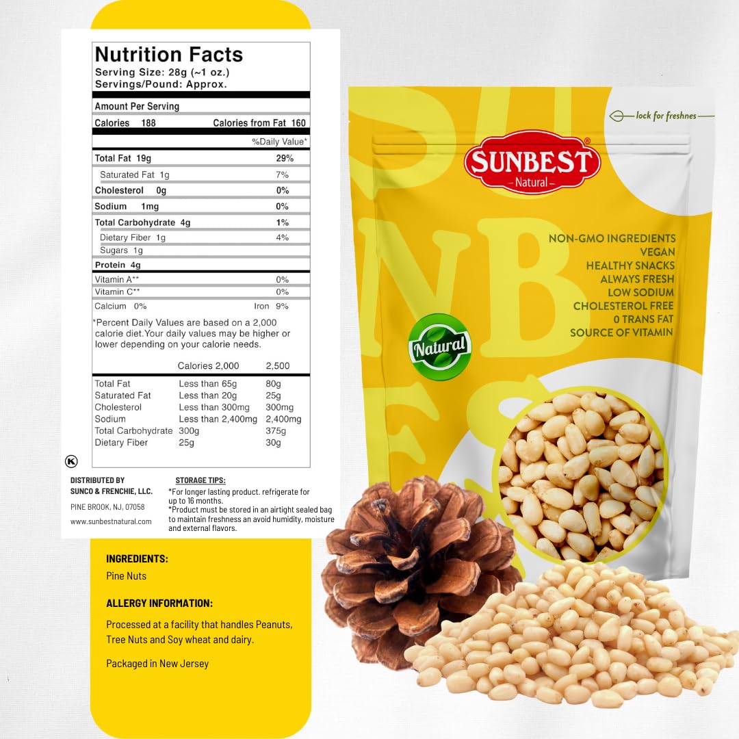 Sunbest Natural Pine Nuts Pignolia 32 Oz (2 Lbs) 1 Pack – Unsalted, Raw, Crunchy, Fresh & Delicious, Kosher Certified - Ideal For Snacking, Topping & Baking - Non-Gmo, Gluten Free