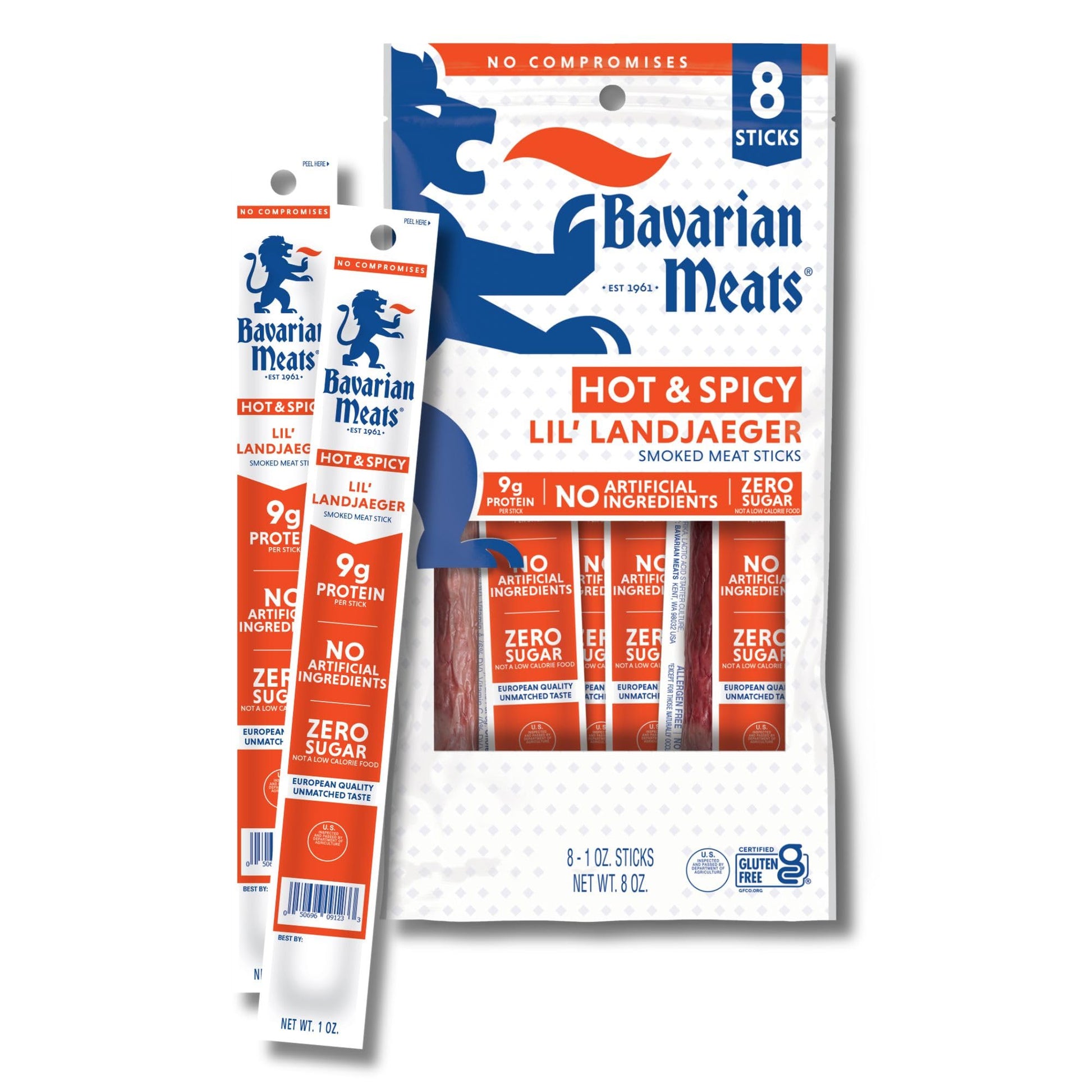 European-Stylen Meats Hot & Spicy Lil Landjaeger Meat Sticks  Individually Wrapped Rich Flavor Sausage Snacks  Zero Sugar  Great Source Of Protein  Gluten Free  Keto Friendly Low Carb Snack  1 Ounce (Pack Of 8)