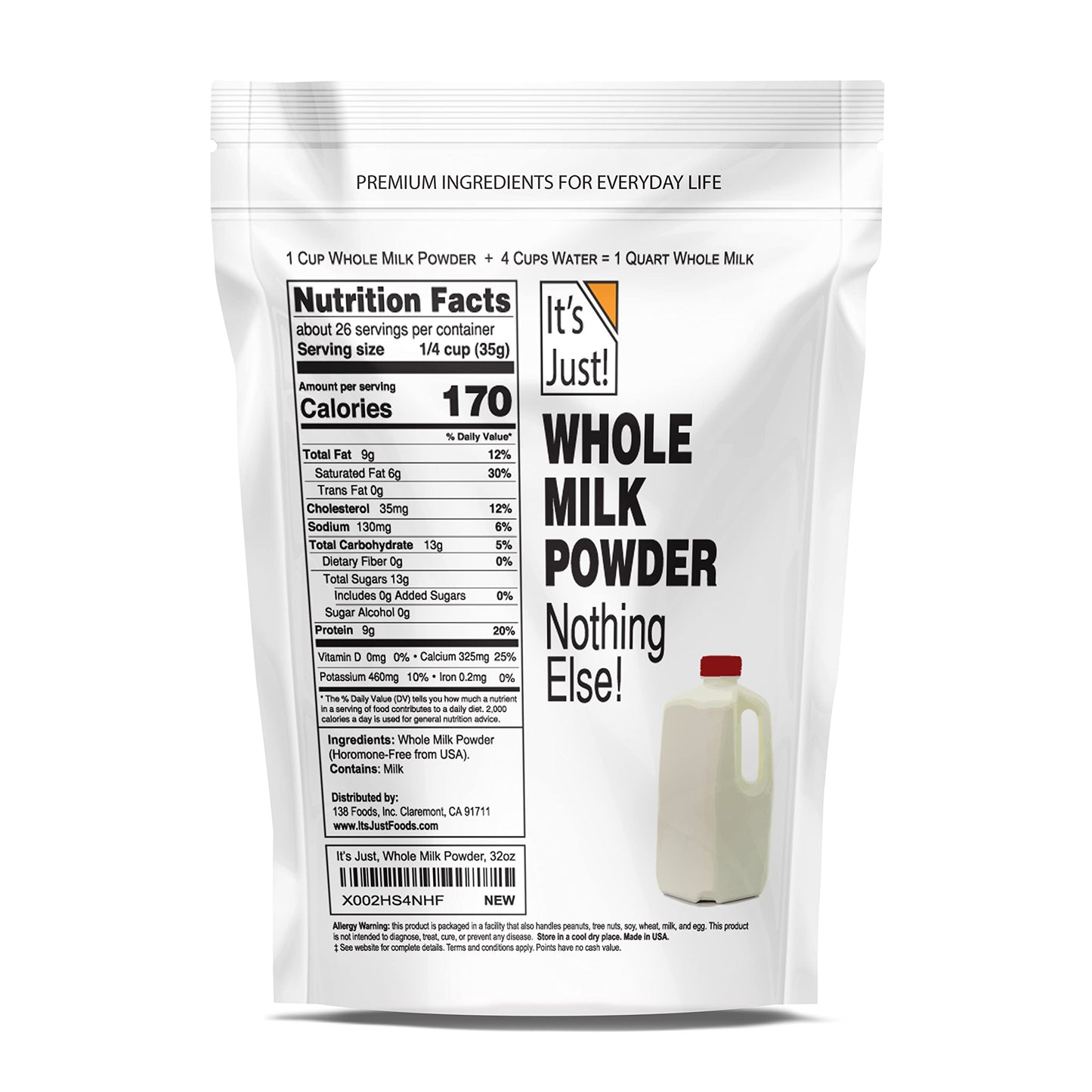 Its Just! Whole Milk Powder, Real Dried Milk, Just Add Water, 32oz (2 Pound)