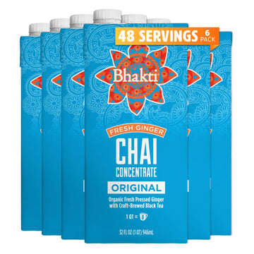 Bhakti Chai Tea Concentrate | Original, Organic Fresh Ginger, Black Tea, Sweetened, Spiced, Dairy-Free, Vegan (Pack of 6)
