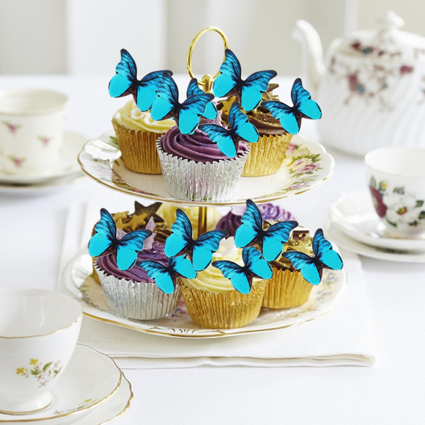 Rssta i 48 Pack Wafer Paper Butterflies Cupcake Toppers, Edible Cake Decorations, Blue
