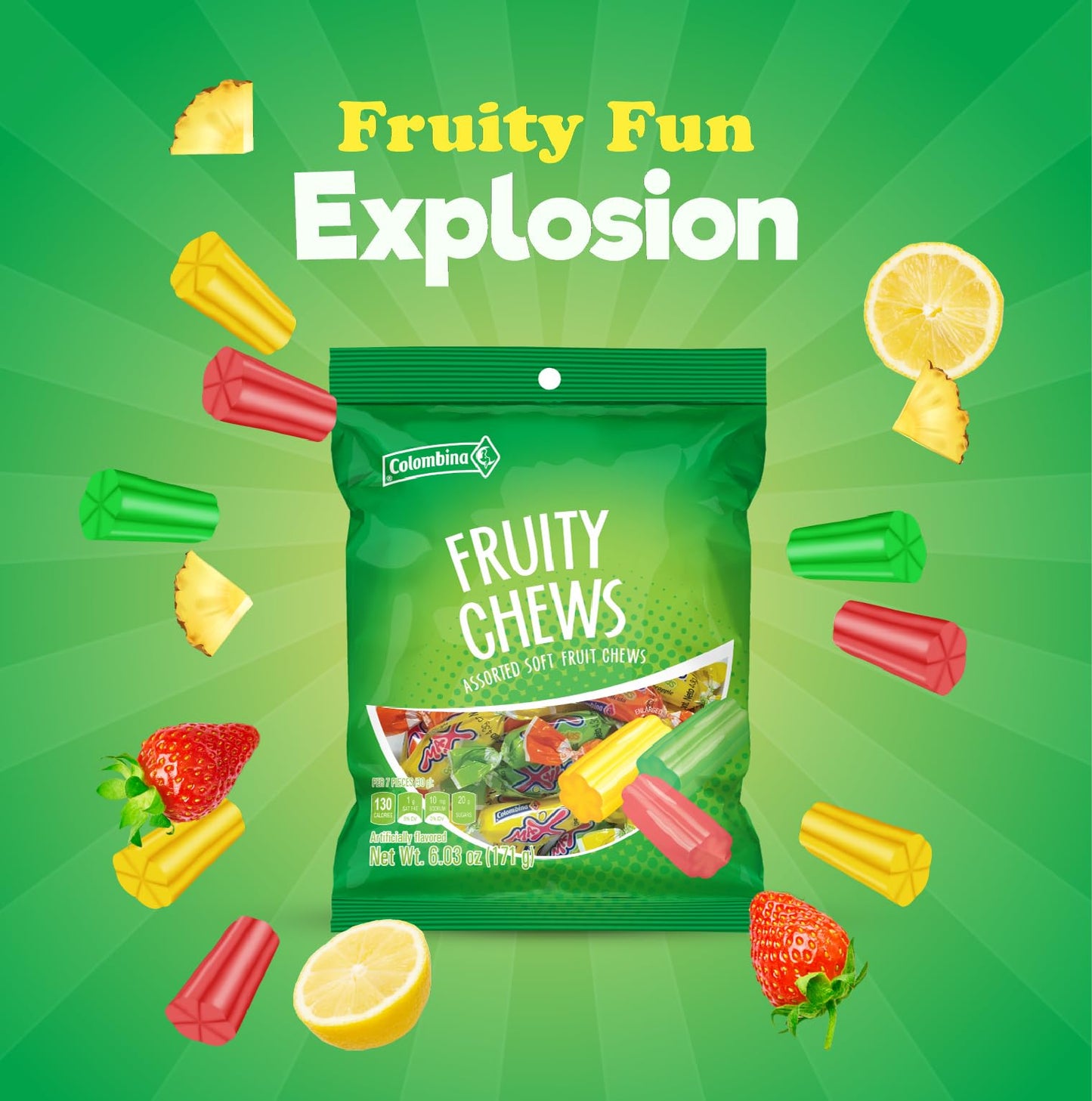 Colombina Fruity Chews - Assorted Soft Fruit Chews Candy Variety Pack- Orange, Grape, Strawberry, Pineapple, Green Apple Flavors