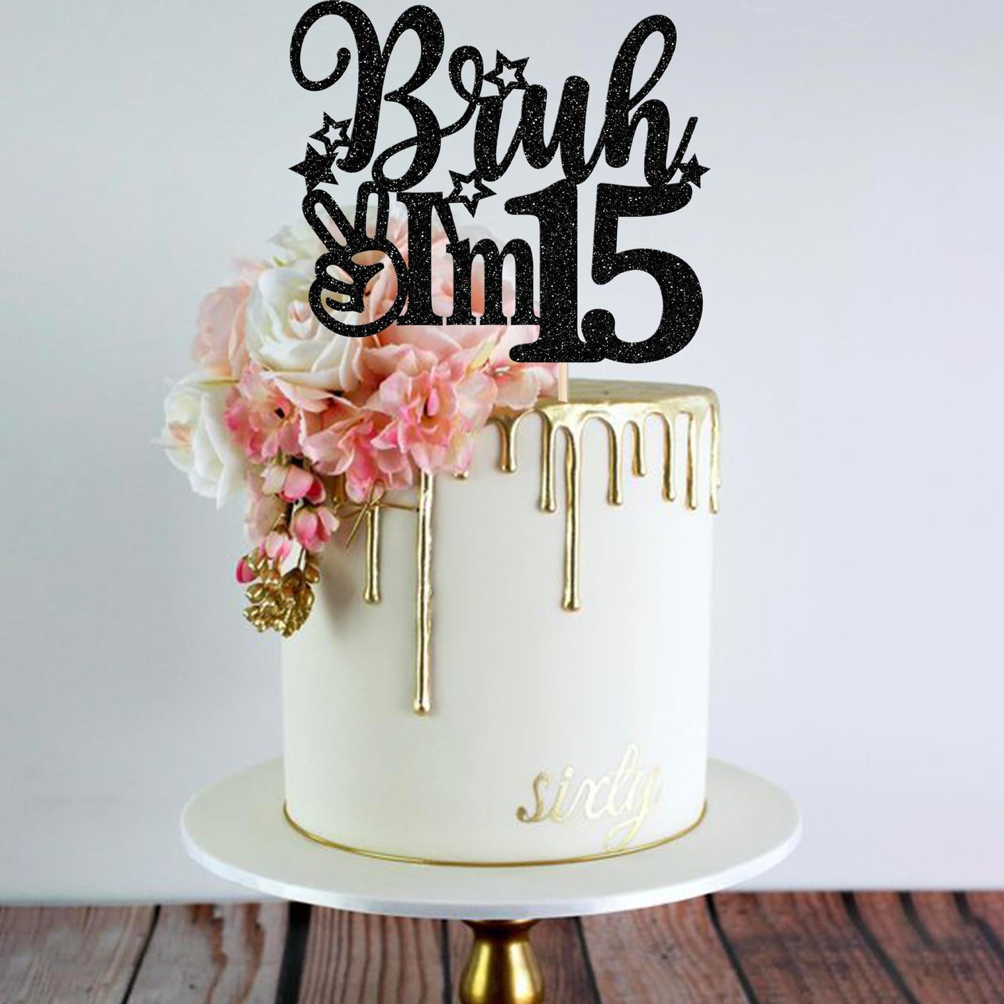 Rssta i Cake Topper - Black Star Glitter, 15th Birthday Decoration, Model XM1222-15 Black, Cheers to 15 Years, 1 Pack