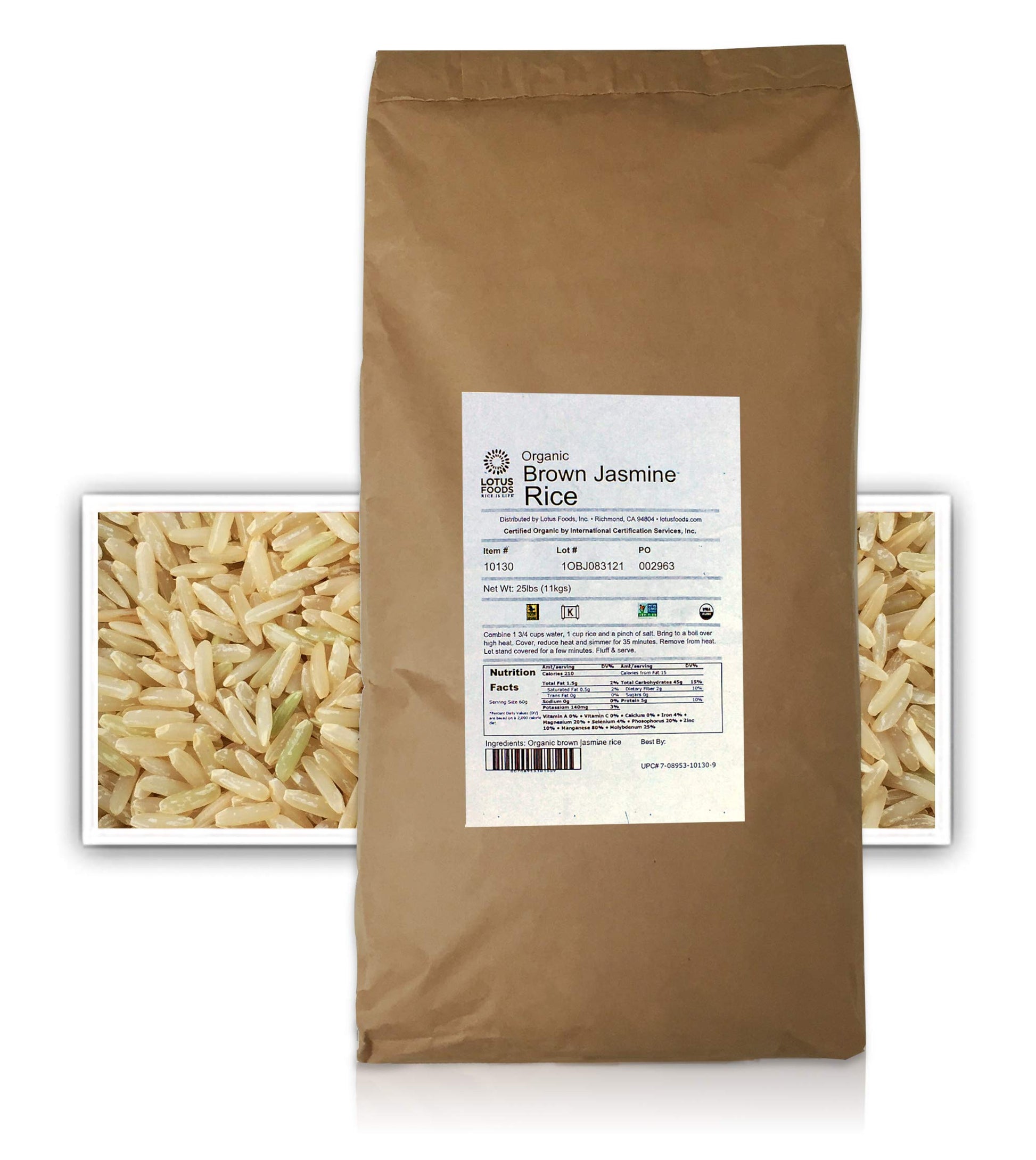 Lotus Foods Gourmet Organic Brown Jasmine Rice, 25 Pound (Pack of 1)