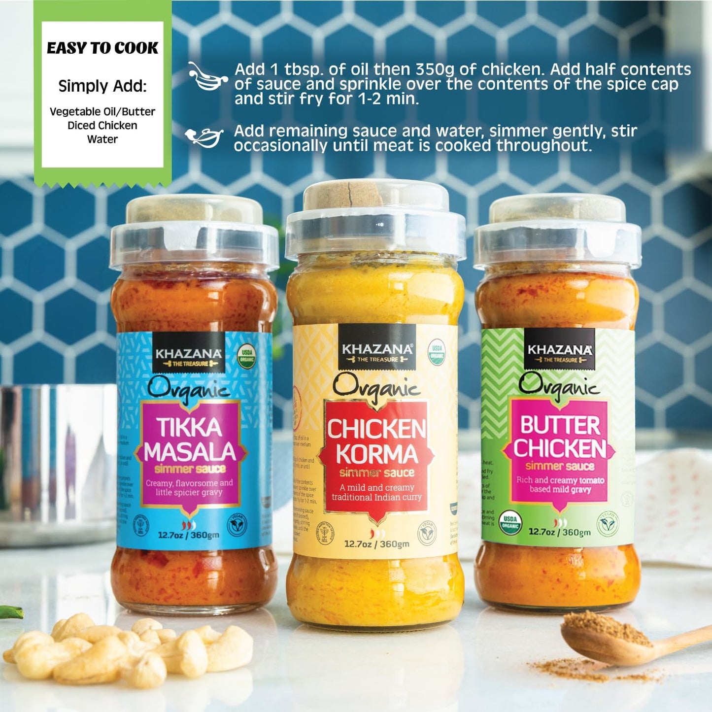 Khazana ORGANIC Butter Chicken Simmer Sauce - Non-GMO, Vegan, Gluten-Free - 6 x 12.7oz Jars