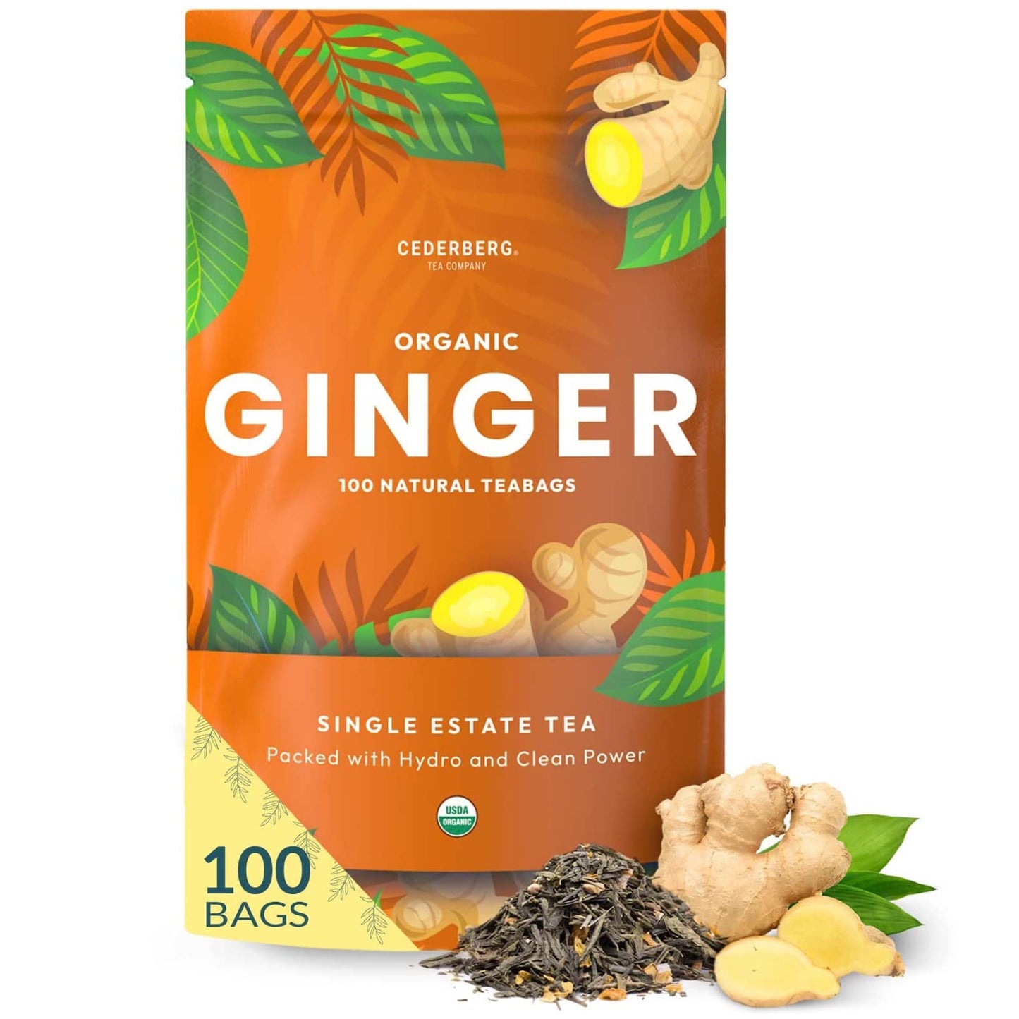 Cederberg Organic Ginger Tea - 100 Tea Bags, Eco-Friendly, Non-GMO, Caffeine Free, Zero Sugar, Herbal Tea, 1 Count