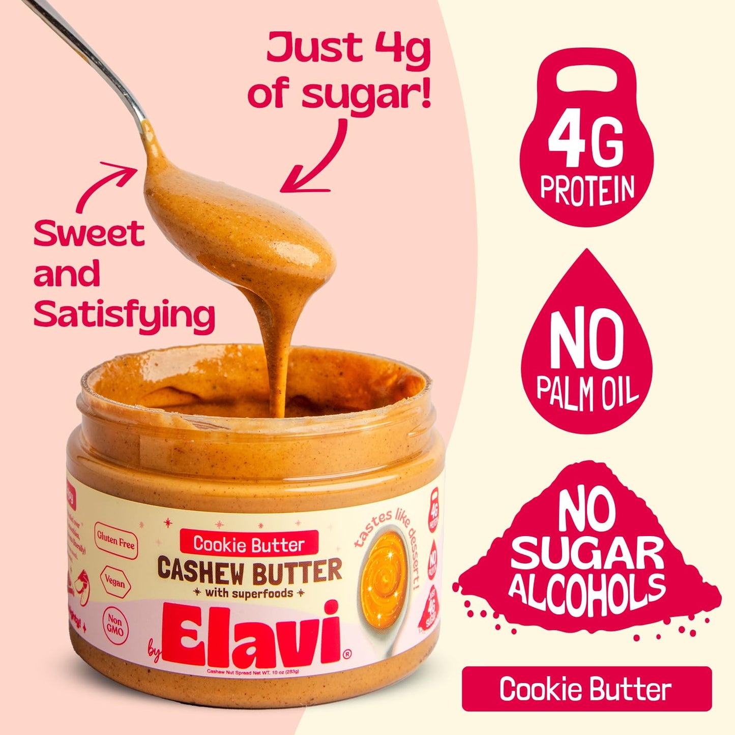 ELAVI Keto Cashew Butter Jar, Gut-Friendly, Low-Sugar Dessert Spread, Vegan, Kid-Friendly, No Added Sugar, No Stevia, No Sugar A