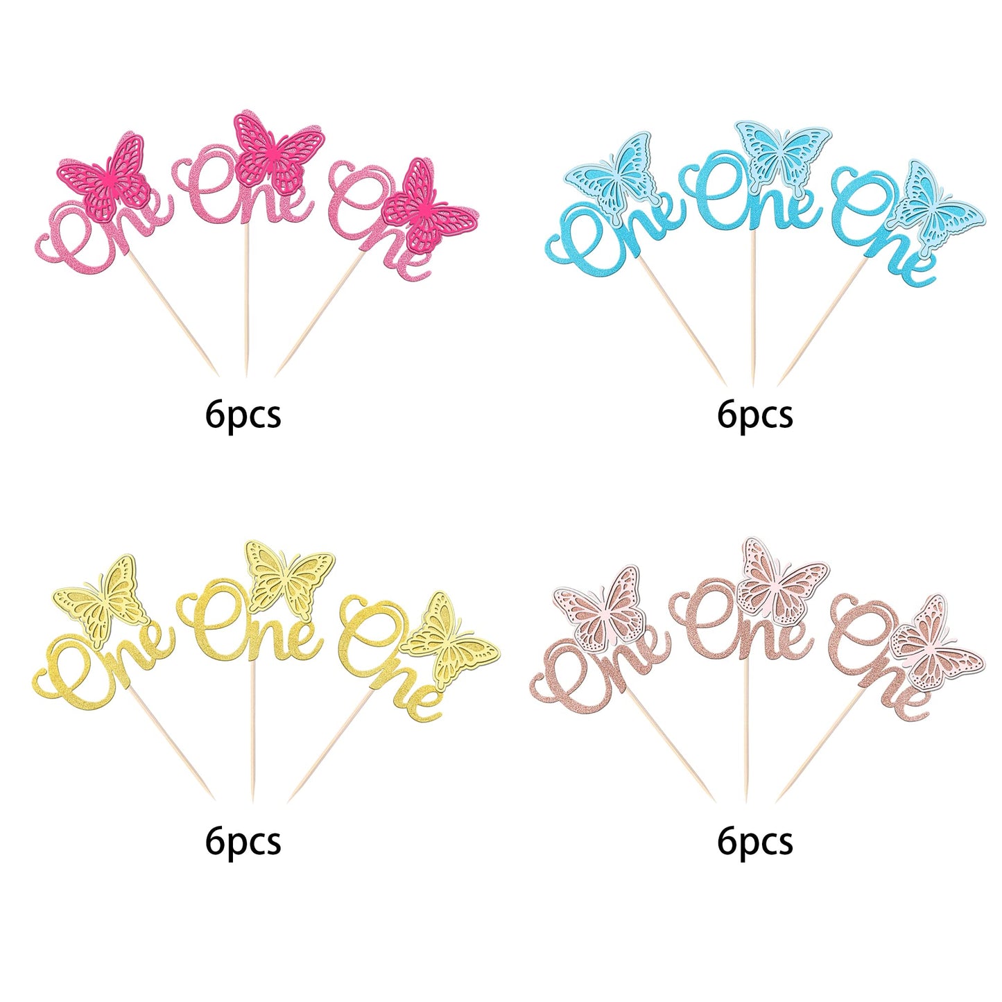 Rssta i Butterfly Cupcake Toppers, 24 Pack, Glitter, First Birthday, Multi Colors, Paper, Model XM011-multi