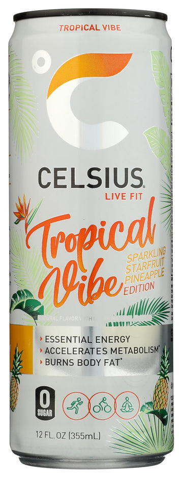 CELSIUS Sparkling Tropical Vibe Energy Drink, 12 Fl Oz, Functional Beverage, Model FGSS1249