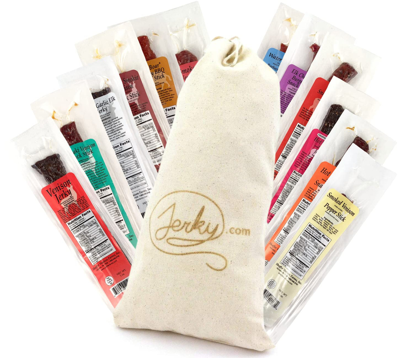 Jerky.com Exotic Meat Sticks Gift Bag | Wild Game Jerky Sampler with Venison, Elk & Wild Boar | 12pc High Protein Jerky Variety