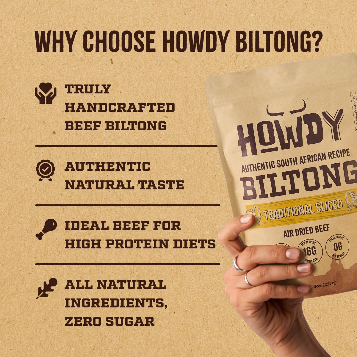 Howdysnax Handcrafted Authentic Small Batch Beef Biltong Traditional Slices 8oz. Sugar Free Paleo Keto Friendly High Protein Jer