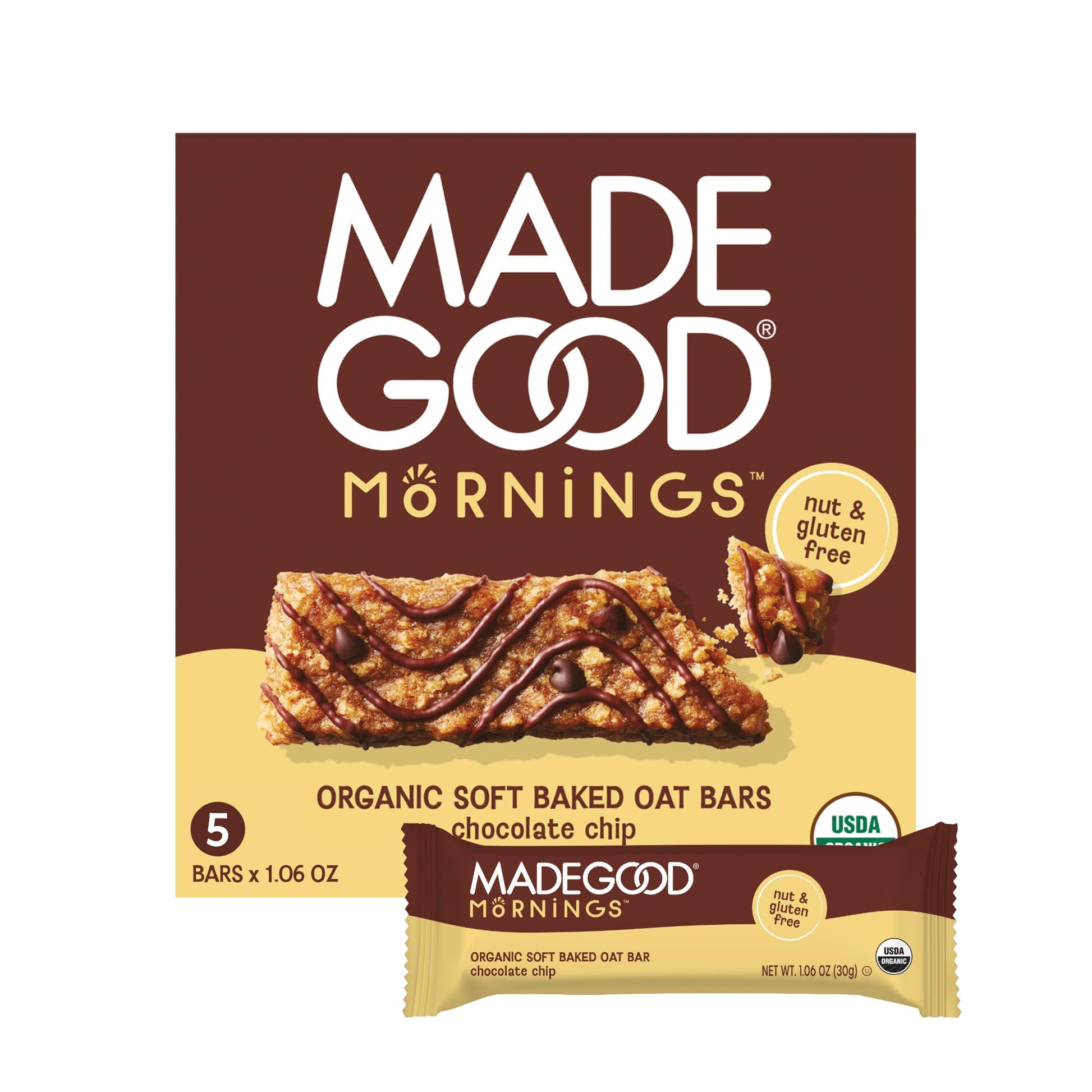 MadeGood Morning Chocolate Chip Bars, 5ct/5.3oz, Organic Snacks
