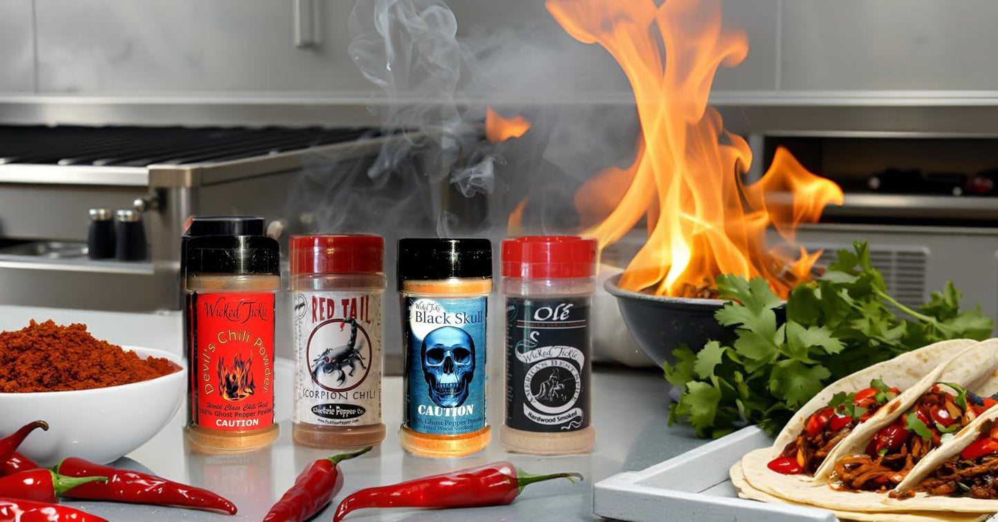 Wicked Tickle Chili Powder Gift Set, 4 Pack – Ghost, Smoked Ghost, Scorpion, Habanero Garlic Salt, 2 oz Bottles