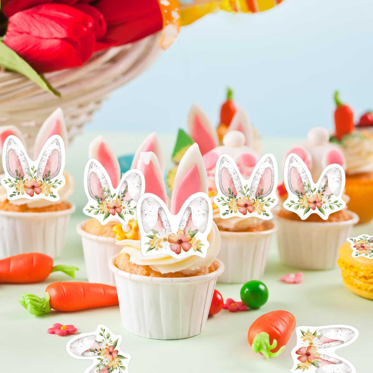 24Pcs Edible Floral Easter Bunny Ear Cupcake Toppers Edible Rabbit Ears Cupcake Picks Wafer Paper Easter Day Cake Toppers For Ea