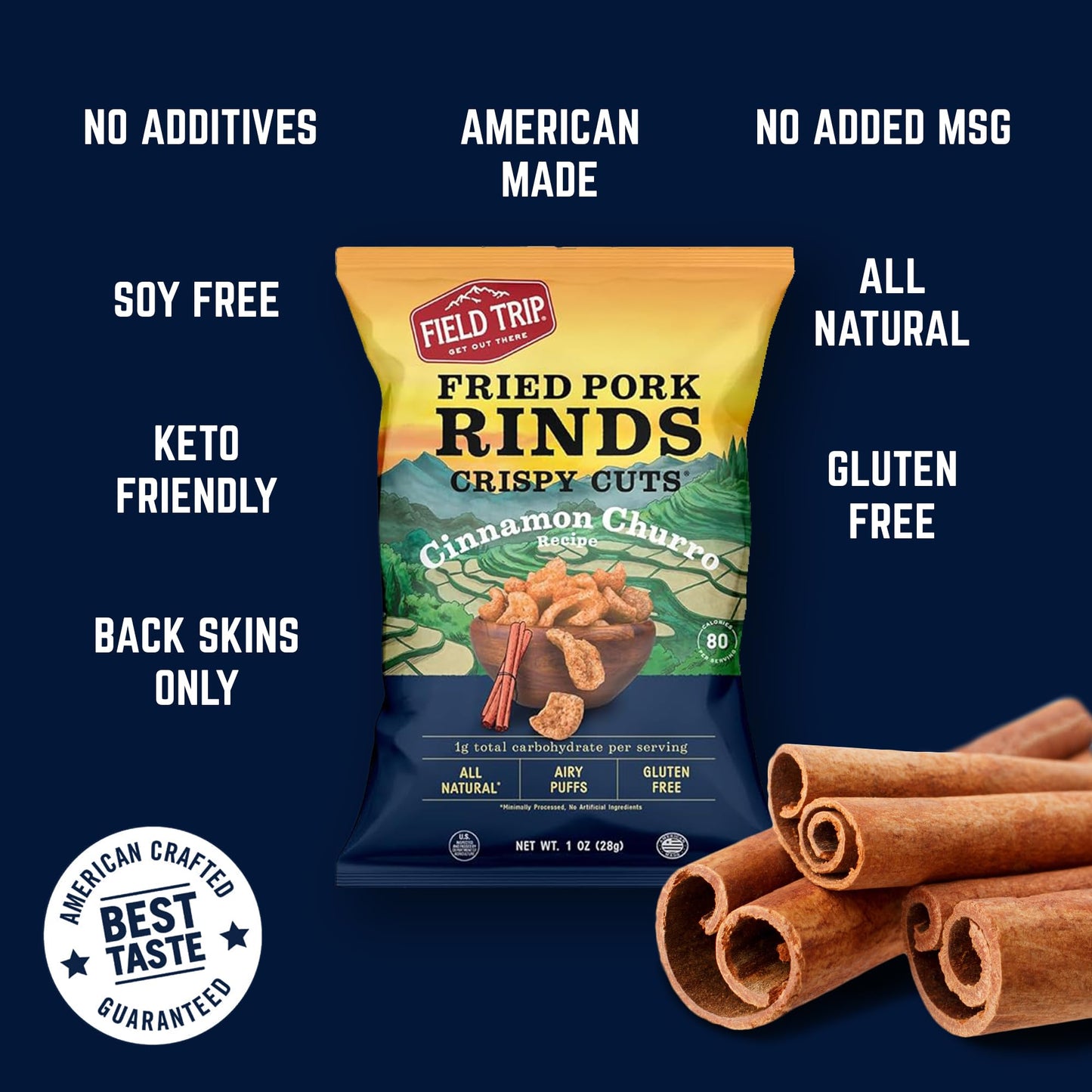 Field Trip Crispy Cuts Pork Rinds, Keto Snack, High Protein, Gluten Free, Low Sugar, Low Carb, Cinnamon Churro, 1Oz, 12 Pack, Holiday & Christmas Gift Item