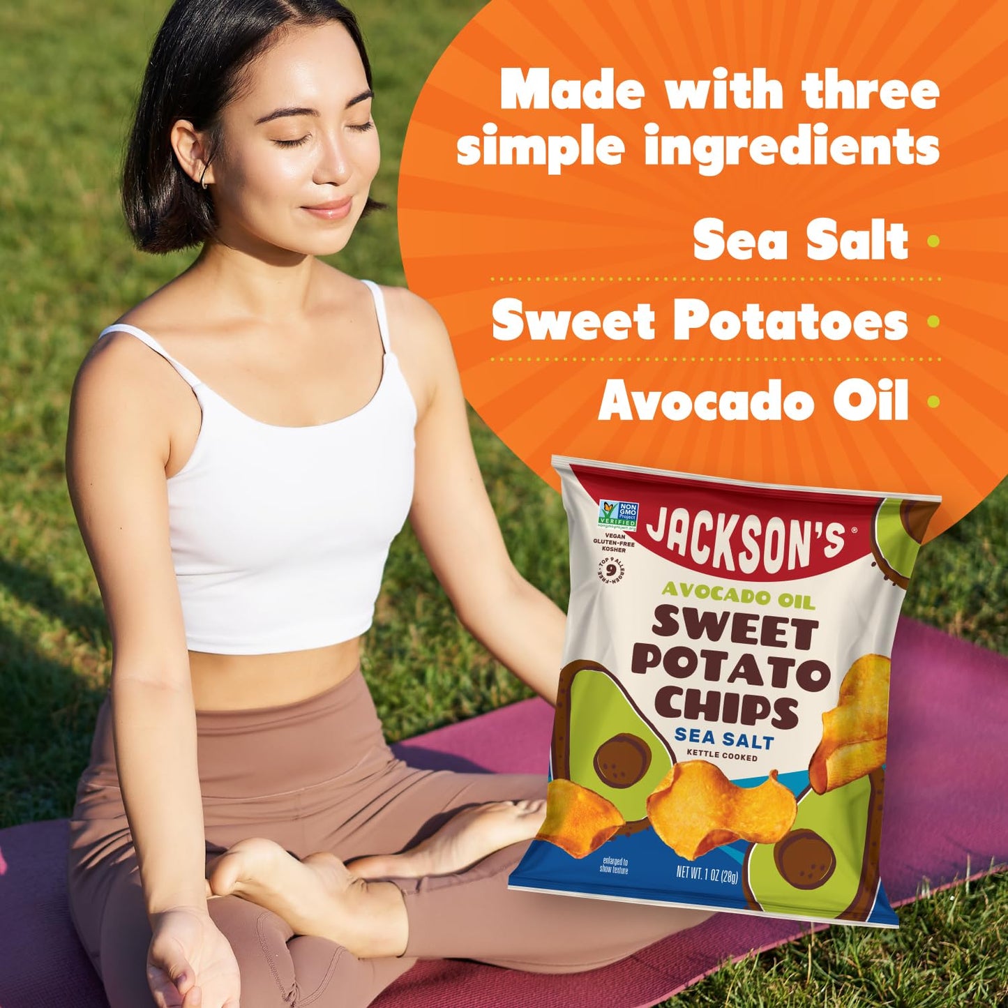 Jacksons Sweet Potato Kettle Chips with Sea Salt made with enhanced Avocado Oil (1 oz  Pack of 15) - Allergen-friendly  Gluten Free  Peanut Free  Vegan  Paleo Friendly - Shark Tank Product