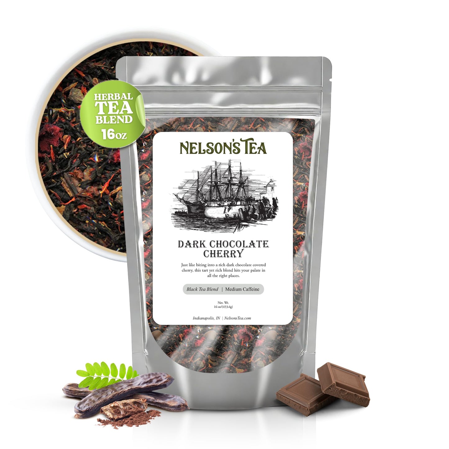 Nelsons Tea Dark Chocolate Cherry Herbal Loose Leaf Tea - 16oz, Rich Pu-erh Black Tea Blend with Chocolate Chips and Dried Cherries