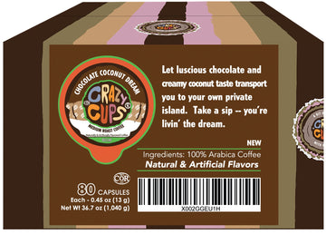 Crazy Cups Flavored Coffee For Keurig K-Cup Machines, Decaf Chocolate Coconut Dream, Hot Or Iced Coffee, 80 Single Serve, Recyclable Pods