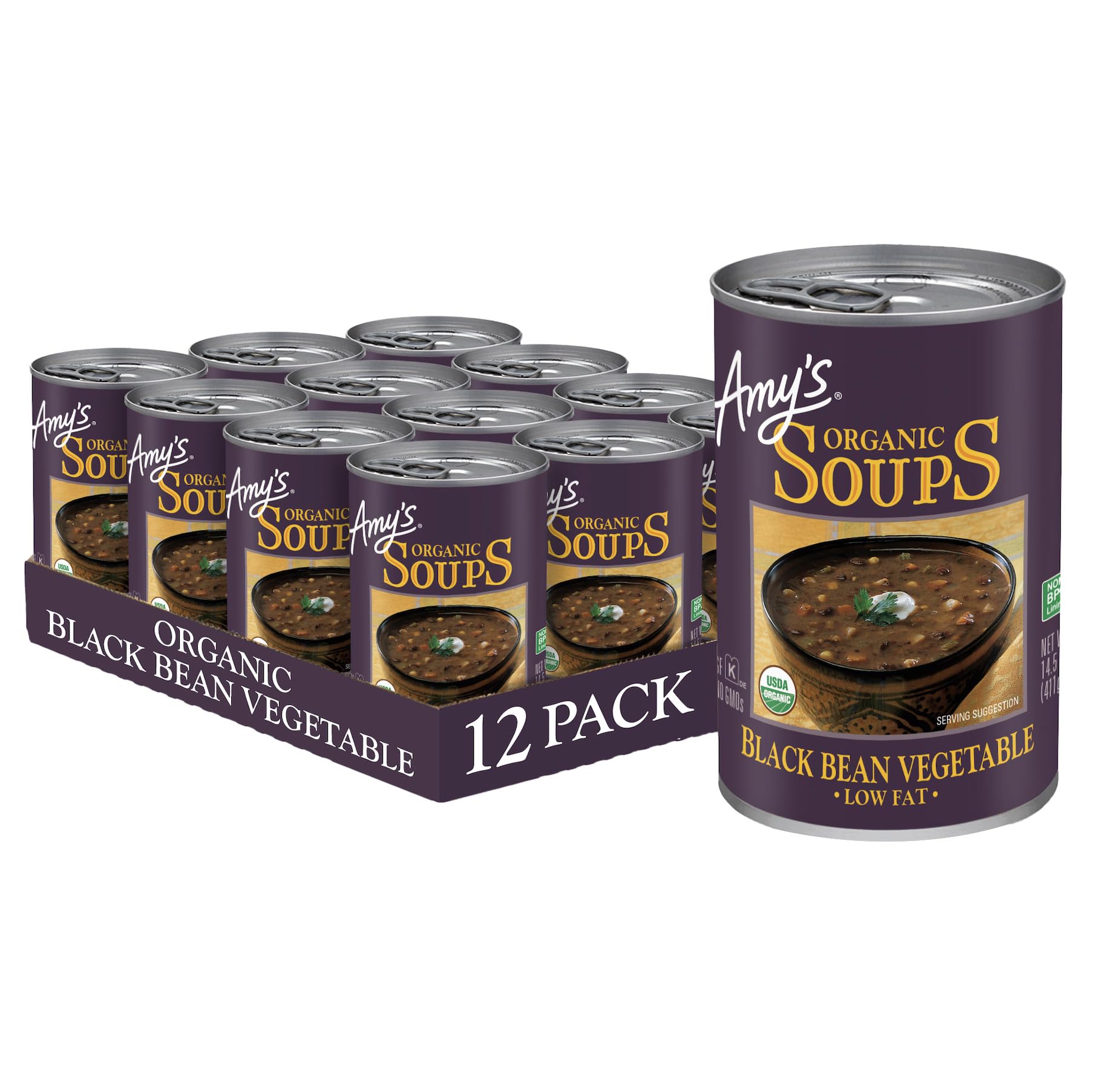 Amy’S Soup, Vegan Black Bean Vegetable Soup, Low Fat, Gluten Free, Made With Organic Vegetables, Canned Soup, 14.5 Oz (12 Pack)