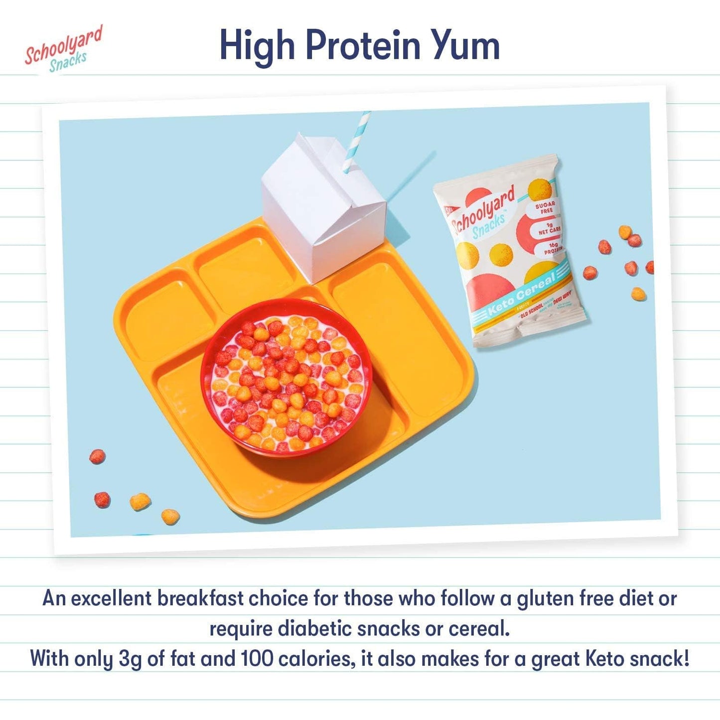 Schoolyard Snacks Fruity Keto Cereal - High Protein & Gluten Free Breakfast - 12G Protein, 1G Net Carbs - Low Calorie, Grain Fre