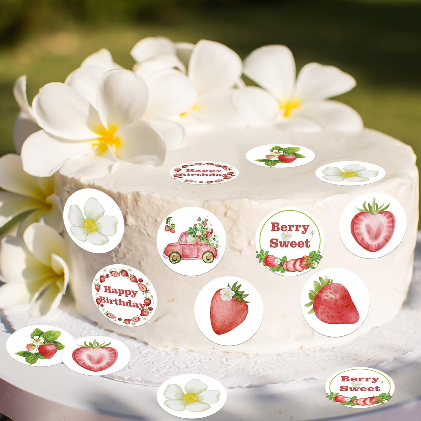 Fyeoxle 48Pcs Edible Strawberry Cupcake Toppers Wafer Paper Starwberry Flower Birthday Cake Decoration Sweet Berry Strawberry Ha