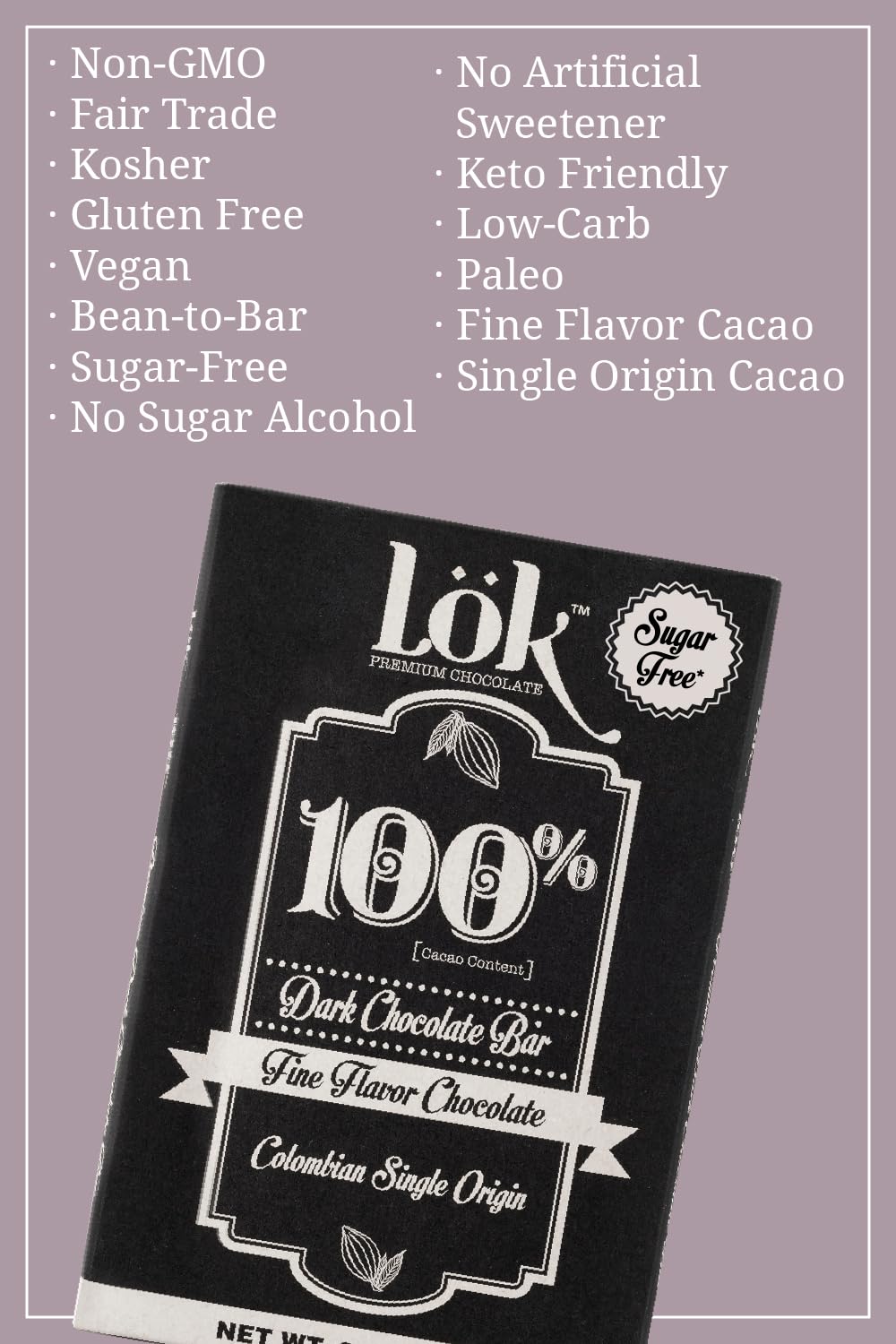LöK Dark Chocolate Bar 100% Cacao, Vegan, Sugar-Free, Gluten-Free, 6 Count